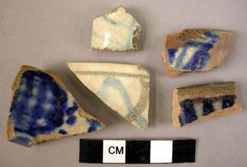 5 rim potsherds - blue and white glaze