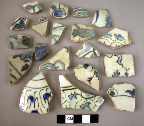 30 potsherds - blue to gray & black on white glaze