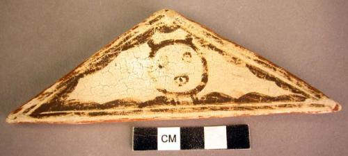 Tile, polacca polychrome style d. kachina & clown design. 14.1 x 8.8 cm.; Katsina name: Tcu-Kuilow (Moki-clown)