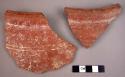 6 potsherds - dull medium thick light brownish ware, plain. Large brownish jars?