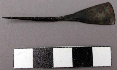 Tool, metal fragment, flared, flat on one end, twisted point on other end