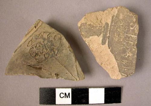 2 potsherds - gray ware, incised