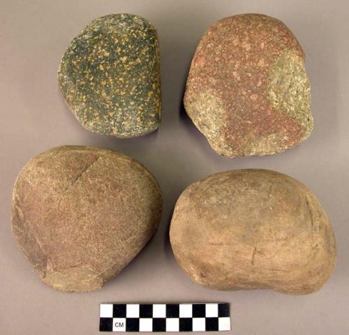 Stone, ground stone pounding stones, 2 used as hammerstones, 2 choppers?