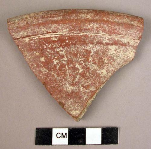 3 rim potsherds - shiny red painted outside & inside; red ware