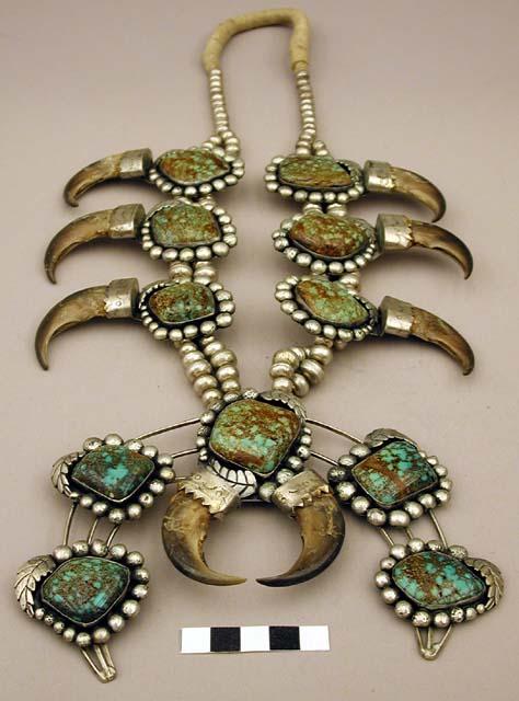 Necklace, silver beads with naja, set turquoise stones and bear claws