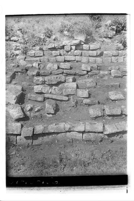 Close-up of stairs in front of stela E before tunnel was dug, Great Plaza; West