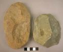 4 large flat chipped stone implements - variable types, made from pebbles