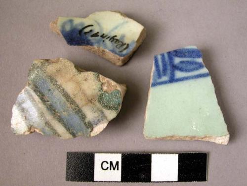 3 potsherds - blue on white glaze