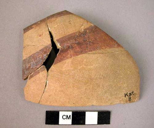 Rim potsherd (restored) - gray painted, brown on gray (A5b)