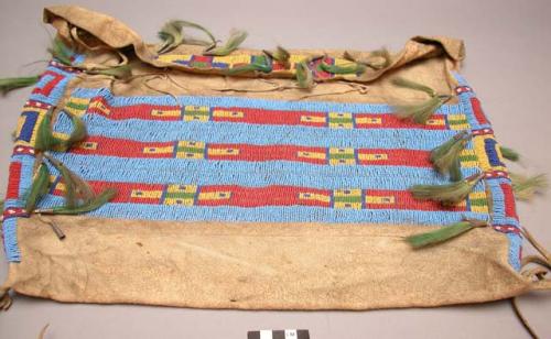 Sioux large beaded possible bag. Lazystitch beadwork. Mostly light blue w/ desig