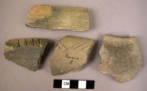 Ceramic rim sherds, grey-brown burnished ware, perforated strap lug, incised