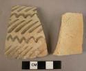Ceramic body sherds, thick walled, buff ware w. black painted linear design