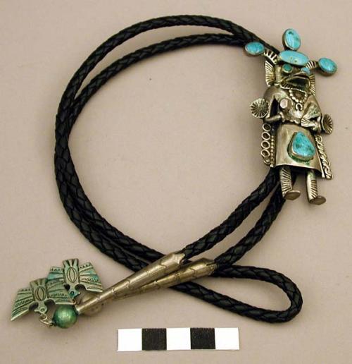 Bolo, silver katsina with inlaid turquoise stones, silver bird terminals