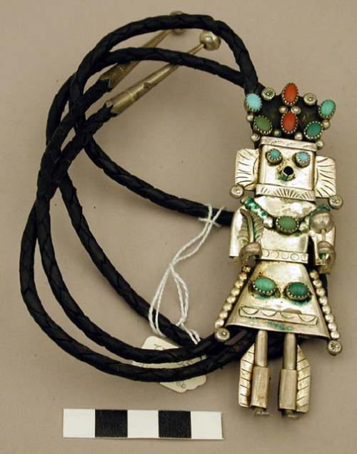 Bolo, silver katsina inlaid with oval turquoise and coral stones