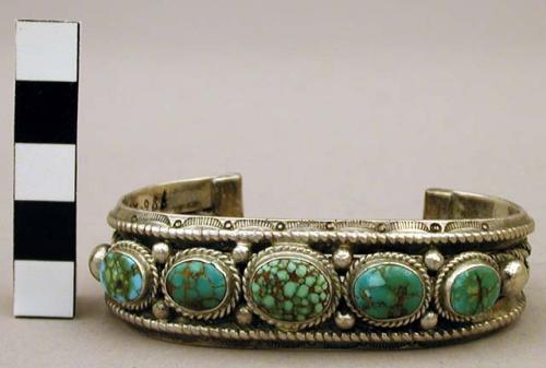 Cuff bracelet, narrow silver band w/stamped dec. set with turq. stones