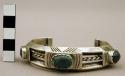 Cuff bracelet, narrow silver band w/ stamped dec., inlaid turq. stones