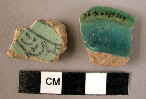 2 potsherds - blue glaze, frit body