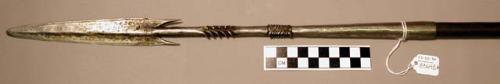 Spear, long barbed point and neck, wood shaft, 3 metal coils at end