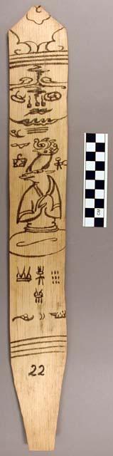 Ornament?, flat stick, black painted designs - seated horned zoomorph