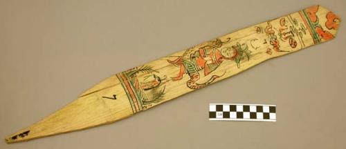 Ornament?, flat pointed stick, painted design - human riding on zoomorph