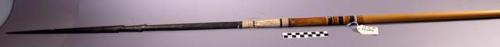 Spear, barbed wood point on painted reed shaft, woven fiber haft, w/ quills