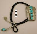 Bolo, silver shield with stamped, scalloped edges, 4 turquoise stones
