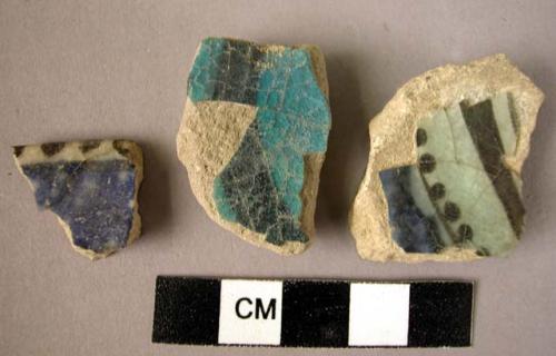 3 potsherds - cobalt and turquoise glaze