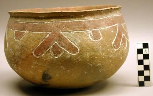 Earthenware bowl with cord-impressed and polychrome designs on exterior and polychrome designs on interior