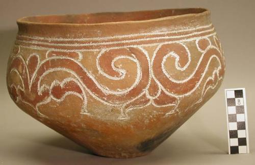 Earthenware bowl with cord-impressed and polychrome designs on exterior and polychrome designs on interior