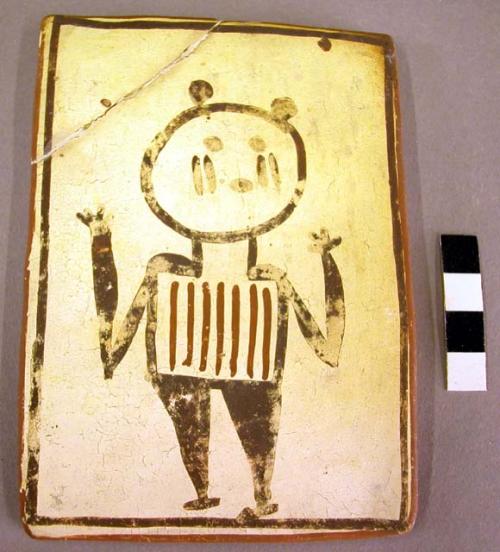 Tile, polacca polychrome style d. kachina & clown design. 14.4 x 9.0 cm.; Katsina name: Ta-tcuk-ti (Tcu-ku-wympka)