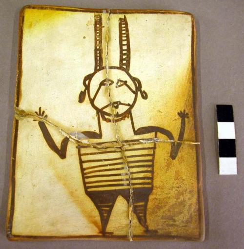 Tile, polacca polychrome style d. kachina & clown design. 13.2 x 10.2 cm.; Katsina name: Tca-ku-wympka