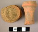 2 potsherds - spout & vase bottom; plain, dull, light red