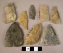 Stone, chipped stone projectile points, leaf-shaped, some broken