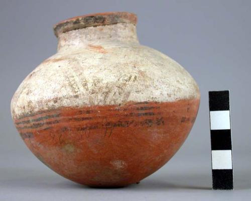 Pottery jar, base red, upper zone white with black ornamentation