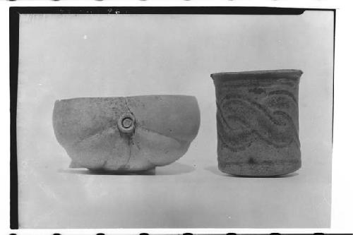 LEFT: Squash shaped clay bowl found in a grave.  RIGHT:  Cylindrical clay vase.