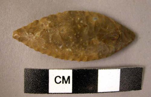 Flint bifacially pressure-worked, broad, symmetrical double-pointed leaf-shaped