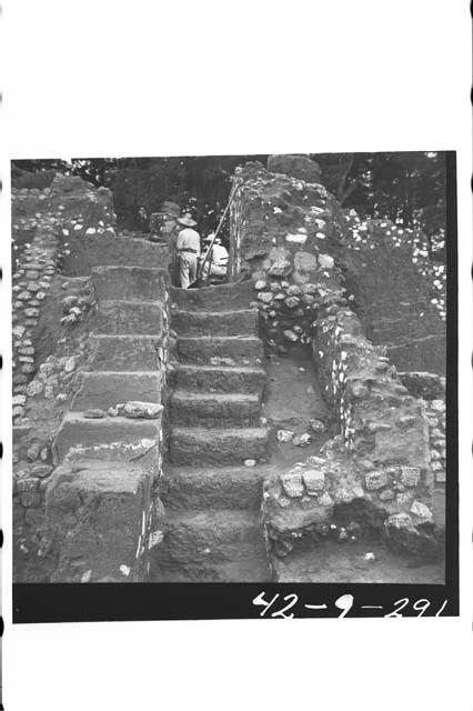 Mound B; West side; Str E. Adobe stairway under lower steps