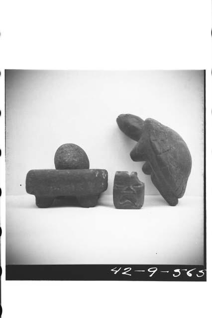 Knoke Collection - miniature metate, mano, small Olmec style stone pendant and b