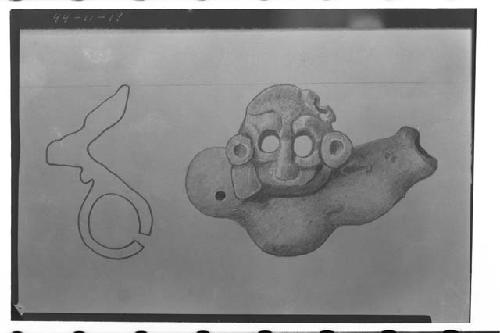 Drawing by A. Tejeda - Form of flageolet with gotesque figure applique - clay -