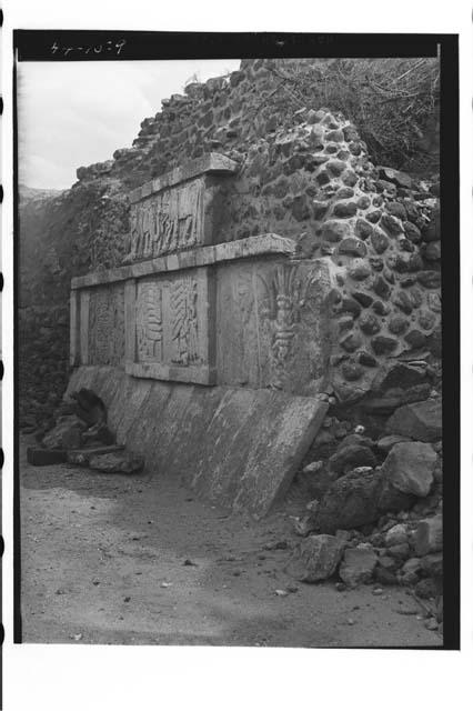 Part of facade of "Pyramid of Moon" with frieze of eagles etc.