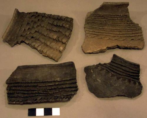 Ceramic rim and body sherds, incised, punctate, corrugated, earthenware