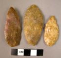 3 broad percussion-worked leaf-shaped points (1 flint, 1 quartzite)