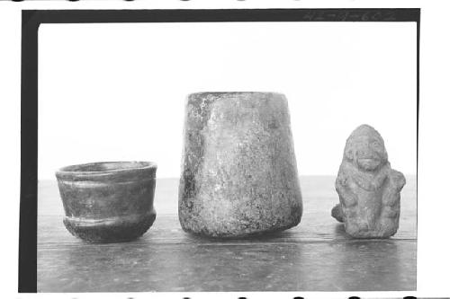 Polished blackware pottery bowl; polished blackware jar; human figurine. Crespo