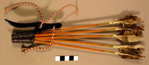 Arrows tied with cord, and lacquered cup with wood hook-like element