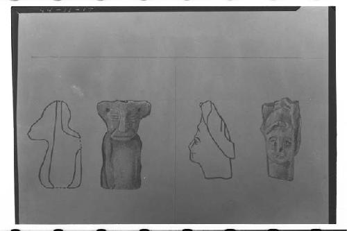 Drawing by A. Tejeda - (Top) Clay animal figurine - probably pendant - (right) f