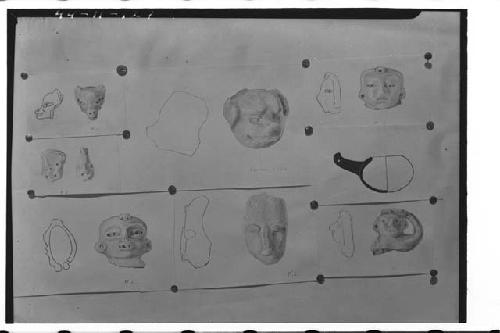 Clay Figurines.  Drawings by Antonio Tejeda. (specimens marked with a red cross