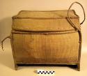 Large closely woven rectangular basket with wooden base - old