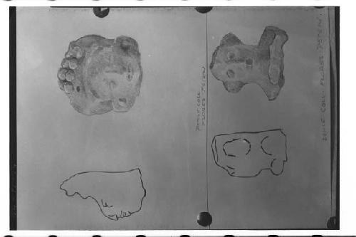 Drawing by A. Tejeda - (Top) Figurine head - solid - Tepeu type. (beneath) Clay
