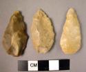 3 small flint bifacial percussion worked leaf-shaped points on flat flakes with