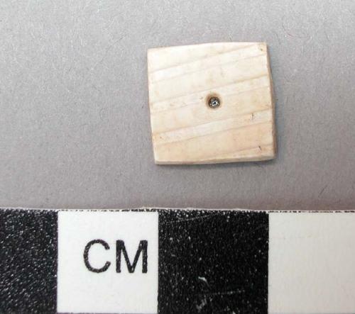 Piece of square carved shell with perforation in center. 1.1 x 1.15 cm.